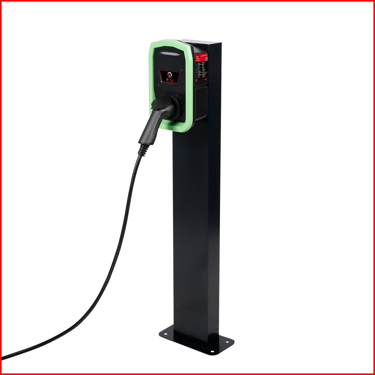 Czarna stacja ładowania pojazdów elektrycznych z zieloną obudową, do której podłączony jest kabel ładujący.