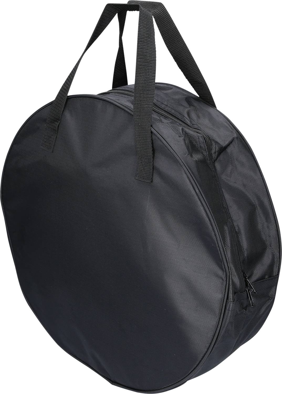 Czarna, okrągła torba na ramię z dwoma uchwytami i zamkiem błyskawicznym, odpowiednia do przewożenia przedmiotów takich jak instrumenty muzyczne.