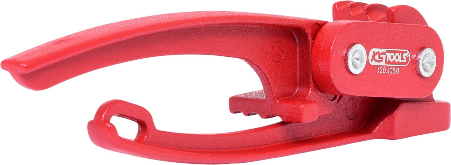 Czerwony otwieracz do butelek z tworzywa sztucznego z ergonomicznym uchwytem i mechanizmem dźwigniowym do łatwego otwierania metalowych nakrętek.