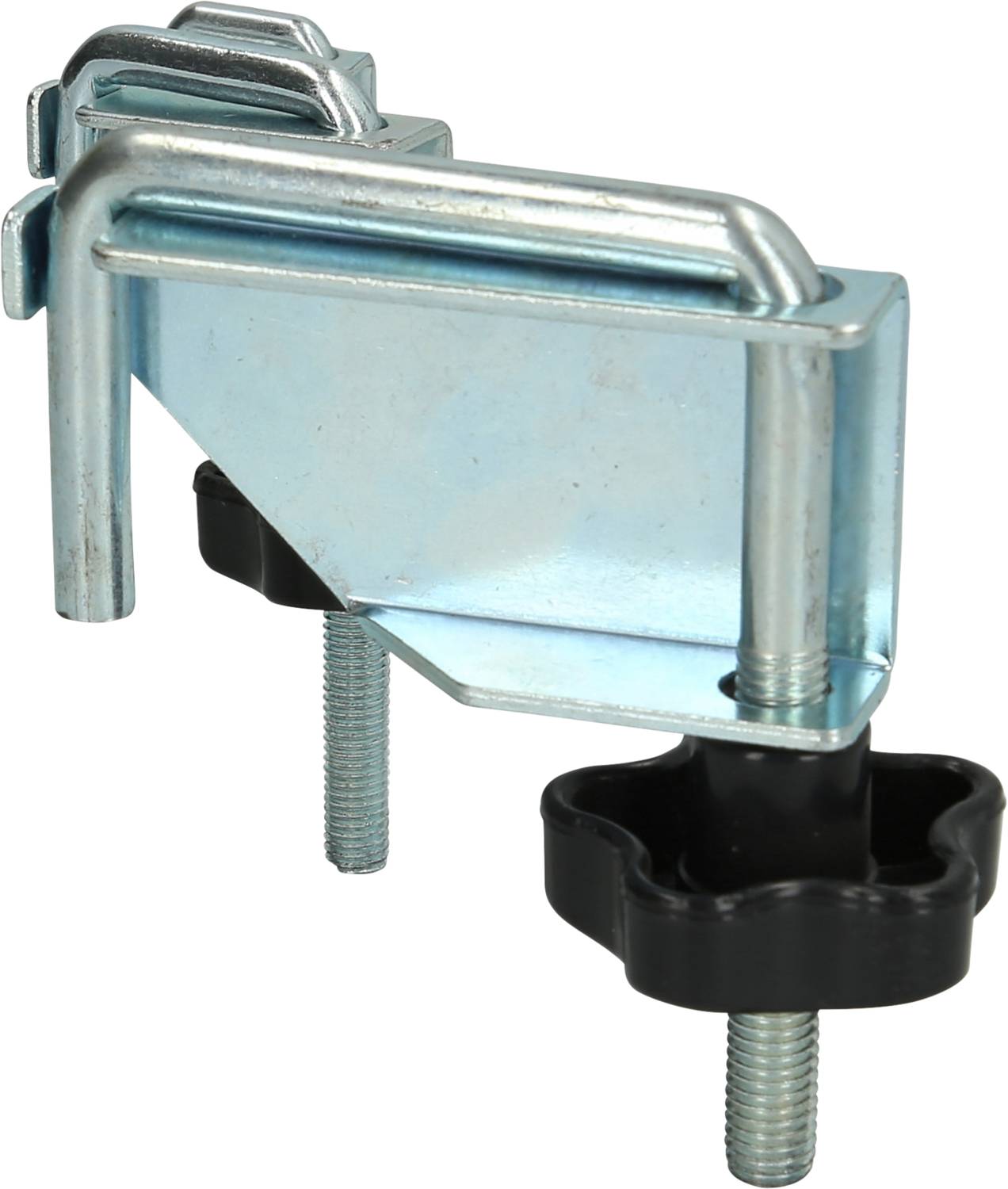 Zacisk metalowy z dwoma śrubami i czarnym uchwytem z tworzywa sztucznego, używany do mocowania elementów obrabianych na stole warsztatowym.
