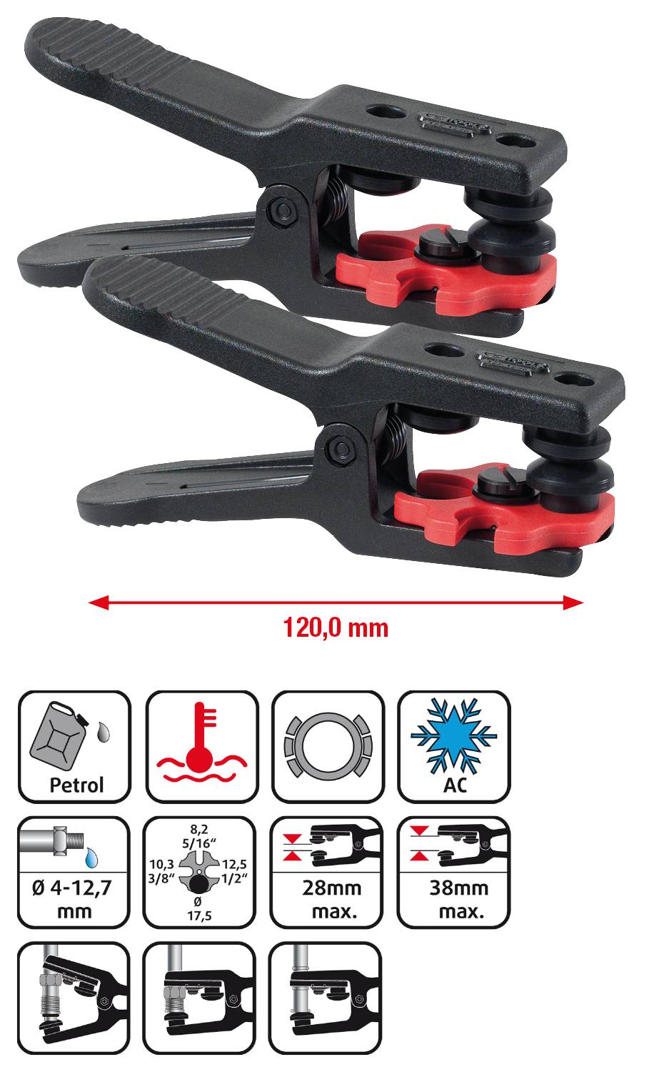Dwa czarne obcinaki do rur z czerwonym uchwytem, odpowiednie dla rur o średnicy 4-12,7 mm. Różne symbole zastosowań poniżej, np. dla benzyny, klimatyzacji. Maksymalne rozwarcie 120 mm.