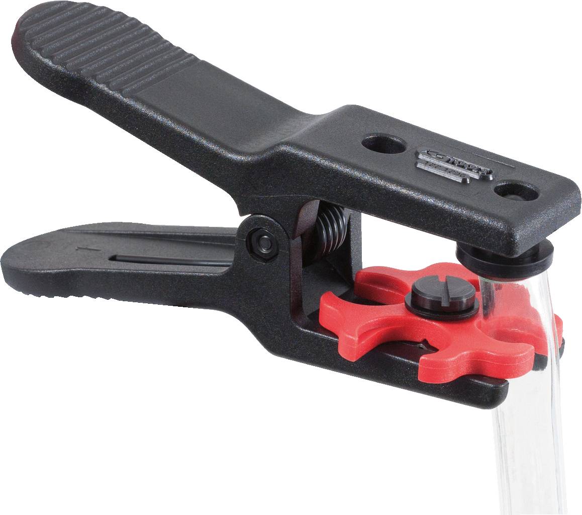 Zacisk laboratoryjny w kolorach czarnym i czerwonym mocuje szklaną rurkę. Często stosowany w laboratoriach do bezpiecznego przytrzymywania szklanych przewodów.