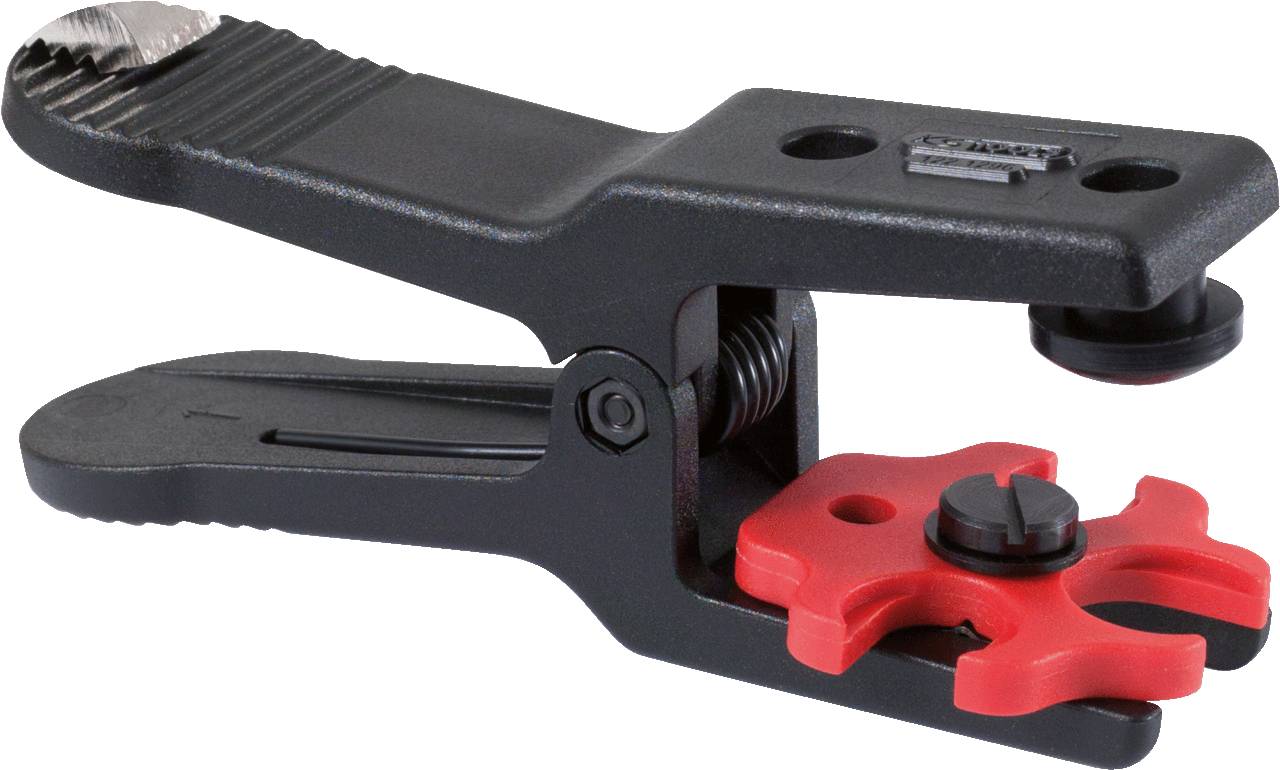 Czarno-czerwona zaciskarka kabli, narzędzie służące do mocowania lub łączenia przewodów.