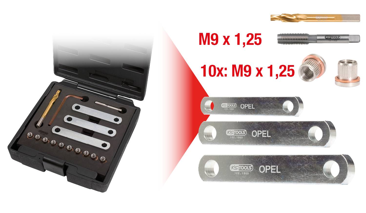 Zestaw śrub w czarnej walizce z nakładkami. Obok walizki widoczne są trzy metalowe dźwignie i narzędzia do napraw M9 x 1,25.