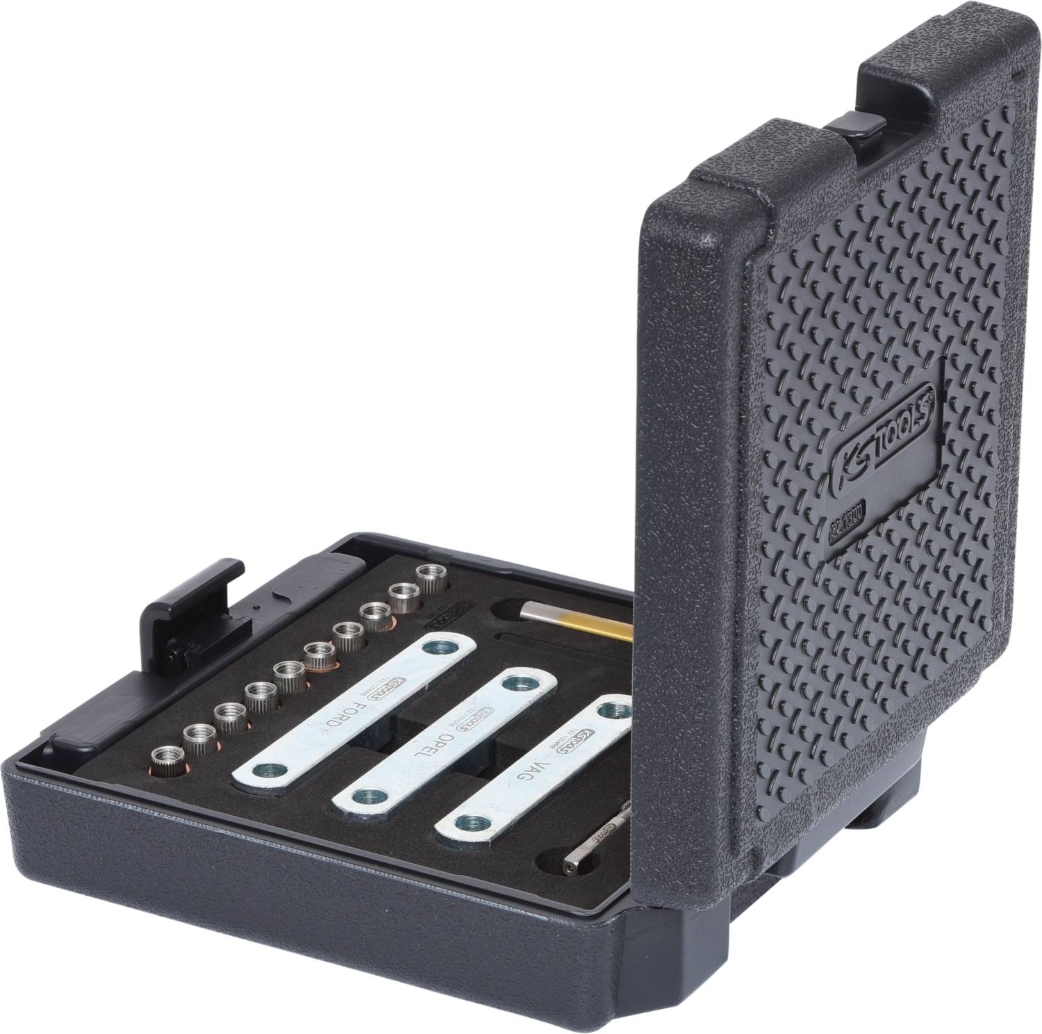 Zestaw narzędzi w czarnym twardym futerale, otwarty, prezentujący różne nasadki i narzędzia.