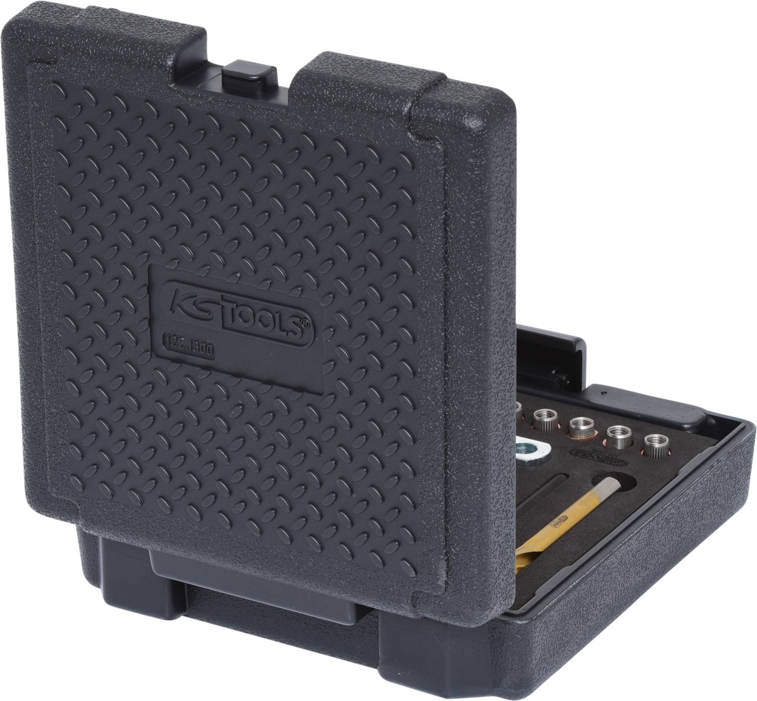 Kompaktowa czarna skrzynka narzędziowa, częściowo otwarta, z widocznymi wewnątrz wieloma małymi elementami narzędzi.