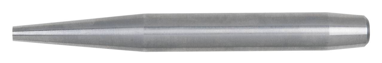 Cylindryczny narzędź metalowy zakończony zwężającą się końcówką, prawdopodobnie głowica wiertnicza lub urządzenie tnące. Kolor srebrny.