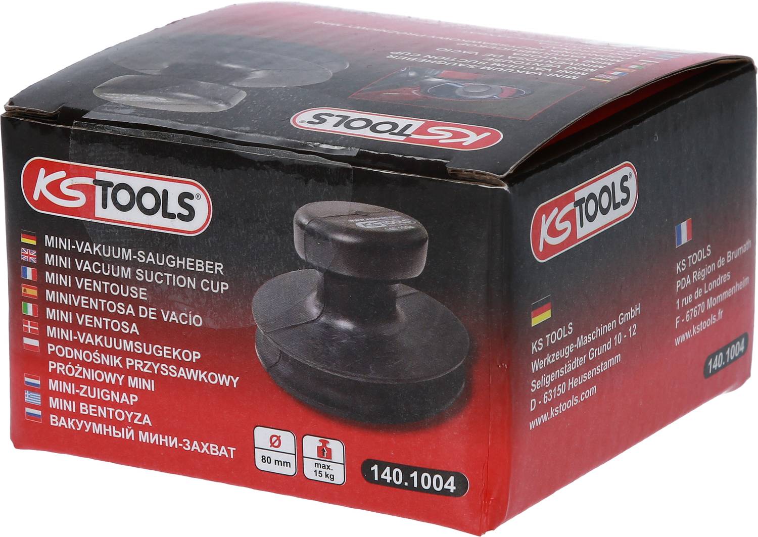 Opakowanie 'KS Tools Mini-Próżniowy Podnośnik'. Zdjęcie produktu małego, okrągłego, czarnego urządzenia do podnoszenia gładkich powierzchni.