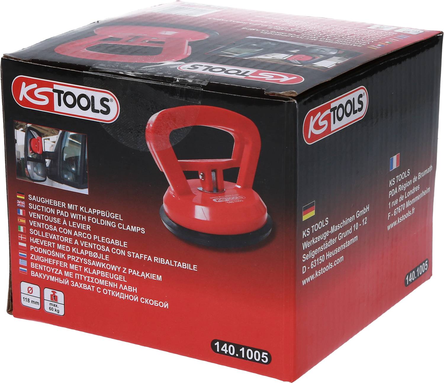 Czerwone opakowanie chwytaka ssącego firmy KS Tools z ilustracją produktu i wielojęzycznym opisem, w tym numerem artykułu 140.1005.