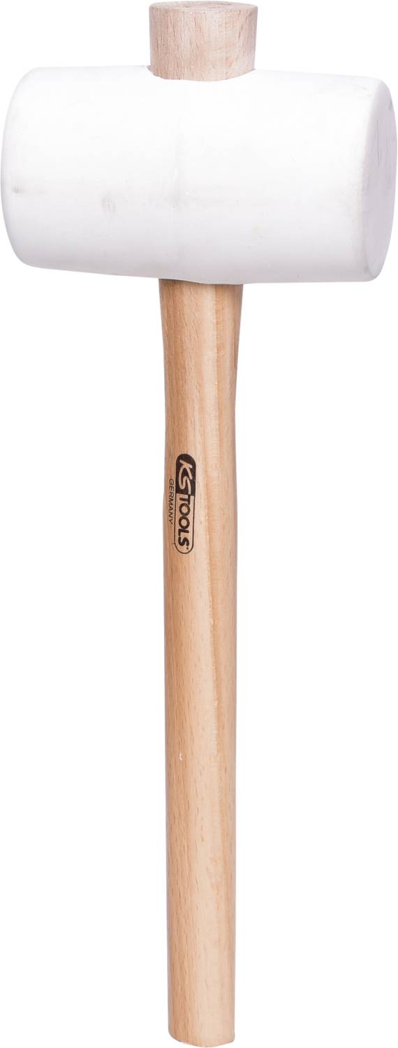 Młotek drewniany z białą główką gumową i drewnianym uchwytem.