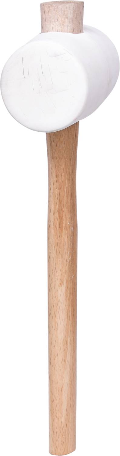 Biały młotek gumowy z jasnym drewnianym uchwytem, ustawiony pionowo.
