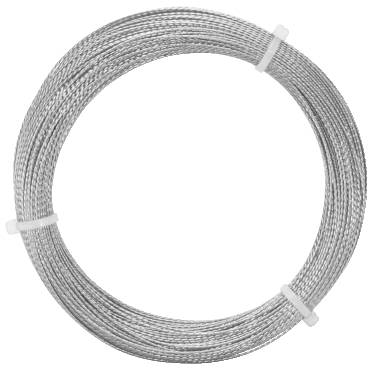 Srebrny metalowy kabel jest zwinięty w rolkę i związany dwoma białymi paskami.