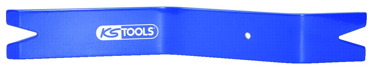 Niebieski plastikowy klin marki KS Tools z otworem pośrodku, powszechnie stosowany do usuwania klipsów lub elementów wykończeniowych w samochodzie.