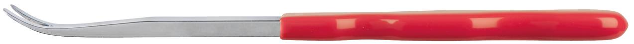 Czerwone narzędzie z zakrzywioną metalową końcówką, prawdopodobnie skrobak do fug lub narzędzie do usuwania chwastów.
