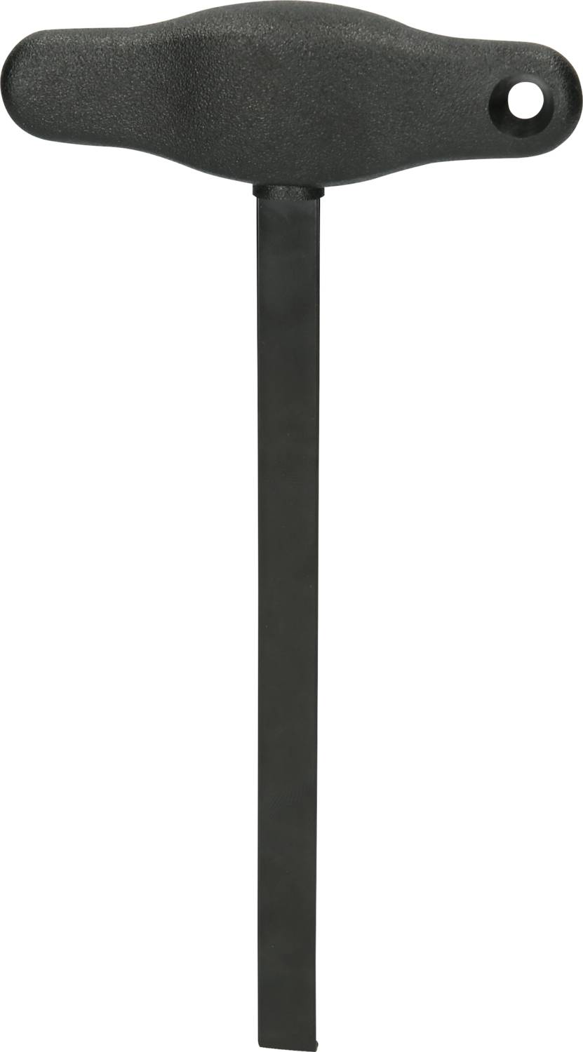 Czarny klucz ręczny do obsługi zaworów lub zamknięć, wyposażony w solidny uchwyt w kształcie litery T oraz długi, płaski trzpień.