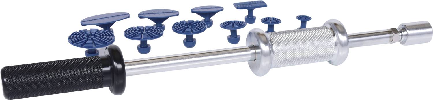 Narzędzie do wyciągania wgnieceń składające się z kilku niebieskich końcówek do naprawy uszkodzeń nadwozia pojazdów.