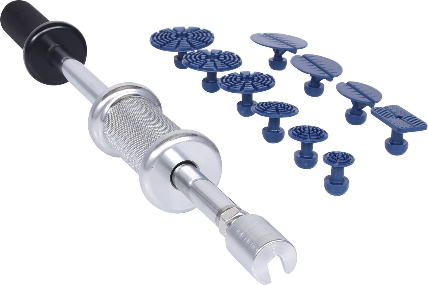 Srebrne narzędzie z czarną rączką i dziesięcioma wymiennymi niebieskimi końcówkami, prawdopodobnie przeznaczone do usuwania wgnieceń.