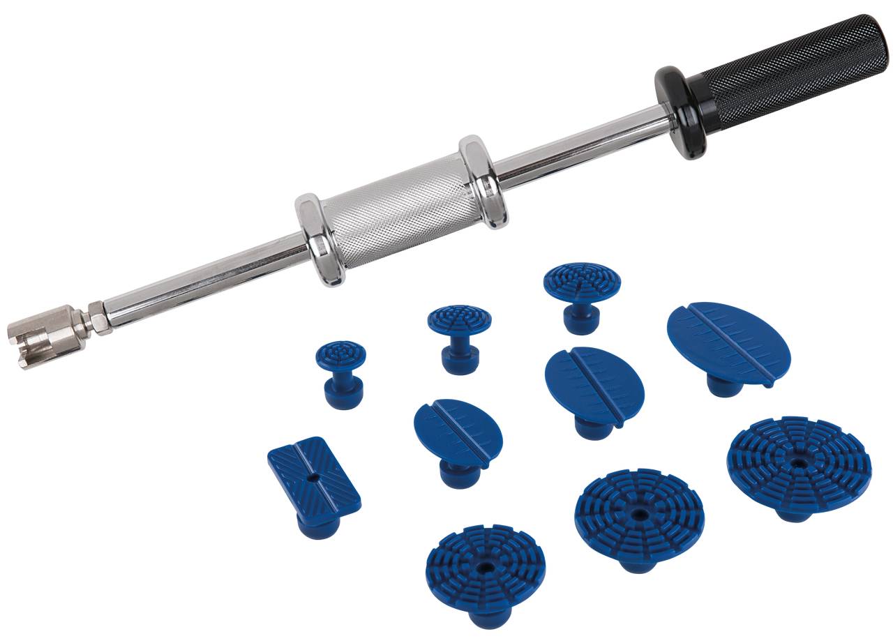 Zestaw do usuwania wgnieceń z młotkiem ślizgowym z niebieskim adapterem, idealny do prostowania karoserii.