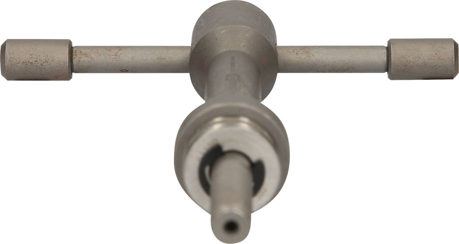 Metalowy, regulowany uchwyt do gwintownika z uchwytem w kształcie litery T, dopasowany do różnych rozmiarów otworów.