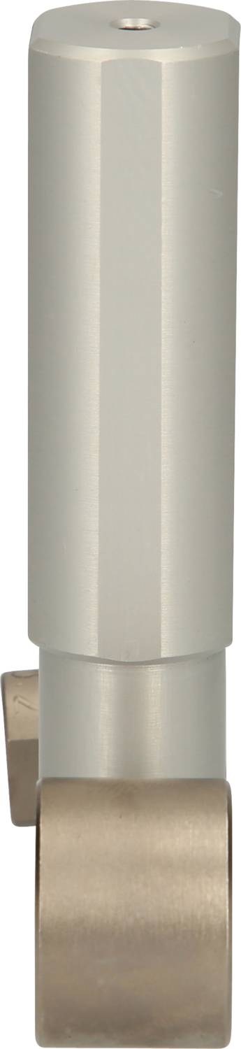 Jasny metalowy zawias z prostokątną górną częścią i zaokrągloną dolną częścią, z widoczną boczną płytką mocującą na dole.