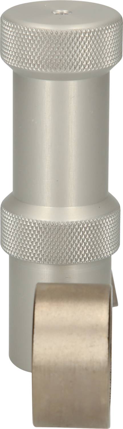 Srebrzyste, cylindryczne narzędzie metalowe z rowkowanymi uchwytami i zakrzywioną metalową płytką na dole, prawdopodobnie przeznaczone do zastosowań przemysłowych.