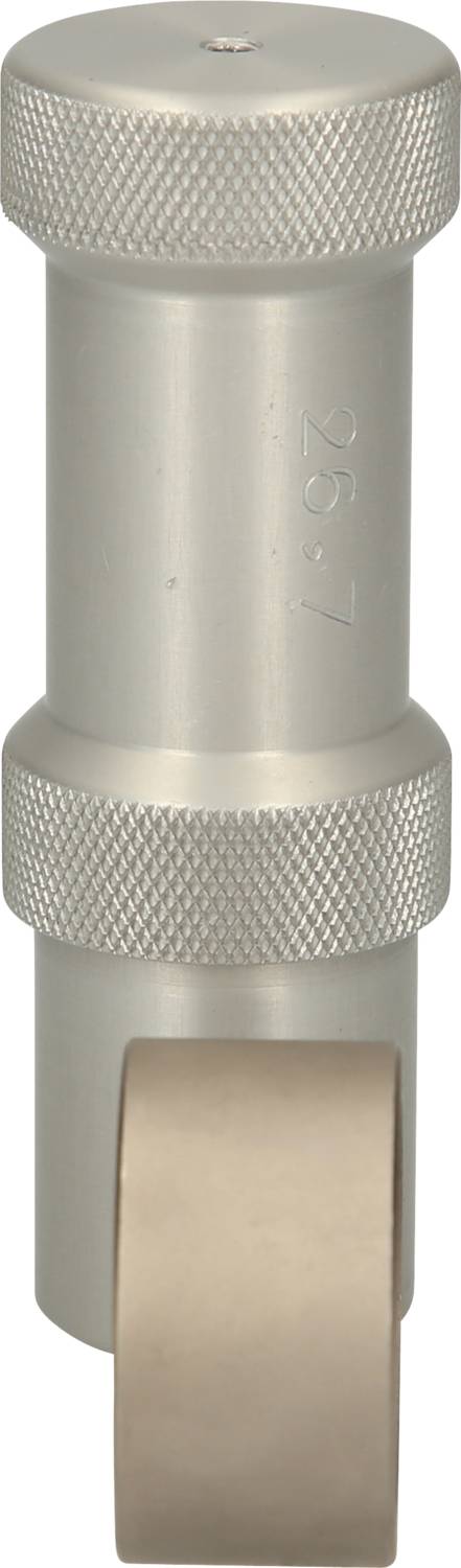 Srebrne metalowe narzędzie z ryflowanym uchwytem i walcowatym elementem obrotowym. Prawdopodobnie narzędzie do wygniatania lub tłoczenia.