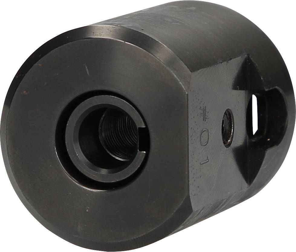 Czarny, cylindryczny adapter metalowy z gwintem wewnętrznym pośrodku, stosowany do mocowania lub jako element łączący.