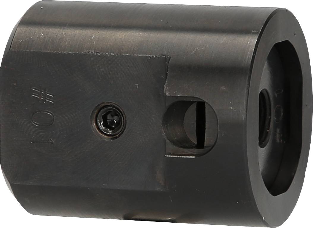 Cylindryczny element metalowy z boczną śrubą i wcięciami.