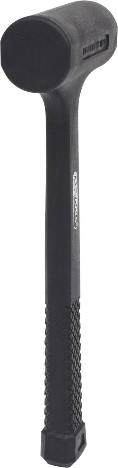 Czarny młotek gumowy z okrągłą główką i antypoślizgowym uchwytem, odpowiedni do prac wymagających materiałów wrażliwych na uderzenia.