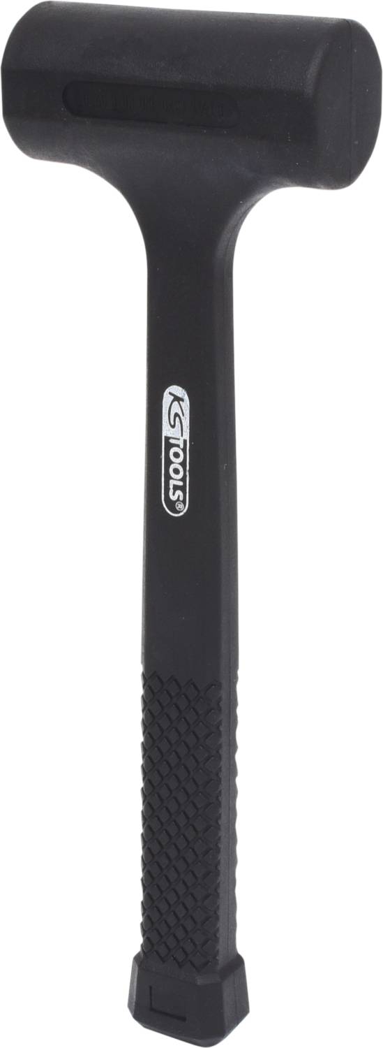 Czarny plastikowy młotek z ergonomicznym uchwytem, odpowiedni do prac wymagających delikatnego traktowania powierzchni.