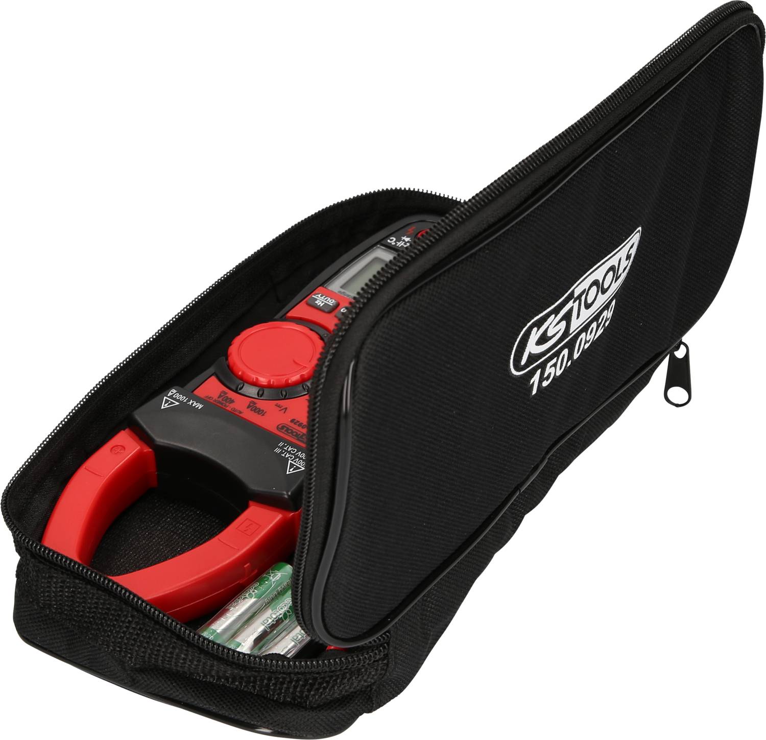 Cyfrowy przyrząd pomiarowy z czerwonym uchwytem leży częściowo w czarnej torbie z napisem 'KS TOOLS 150.0999'.