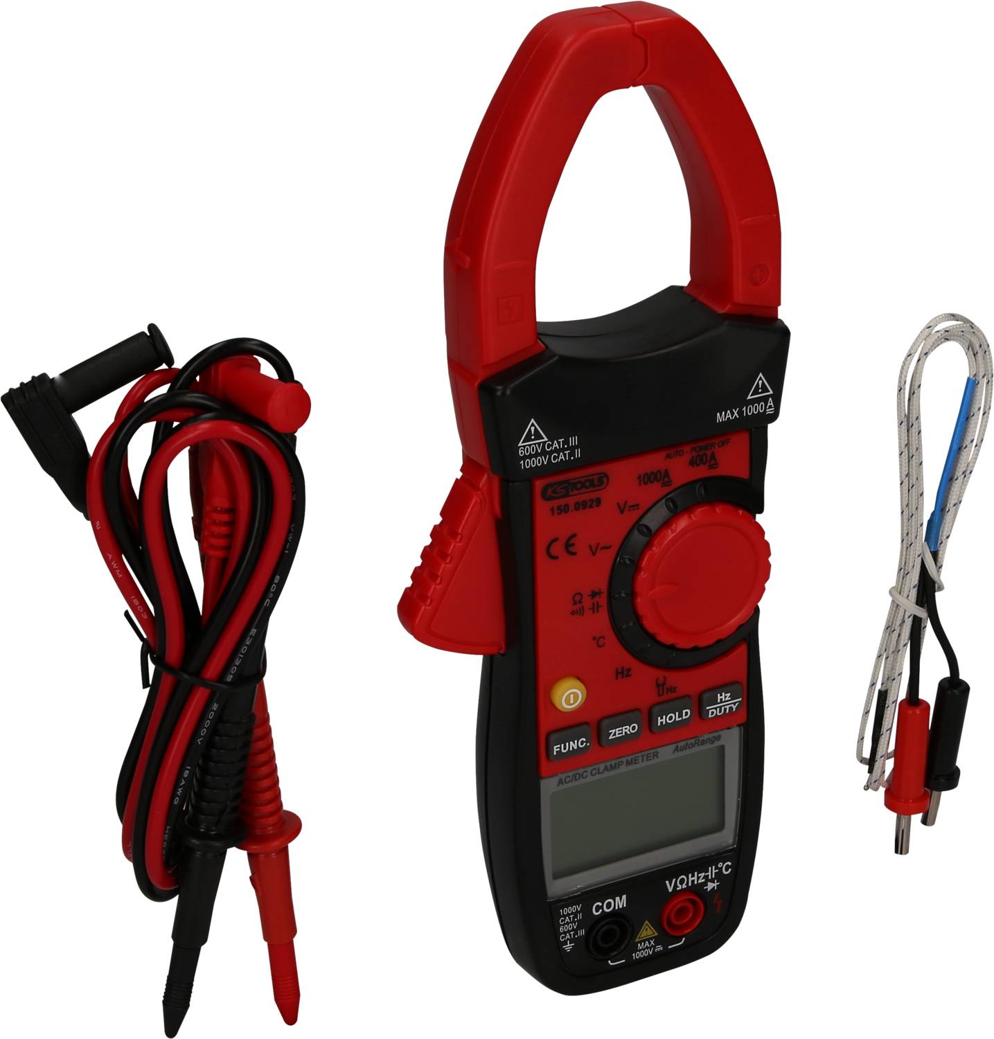 Cyfrowy multimetr cęgowy w czerwonej obudowie z wieloma funkcjami. Obok niego leżą przewody pomiarowe i czujnik temperatury.