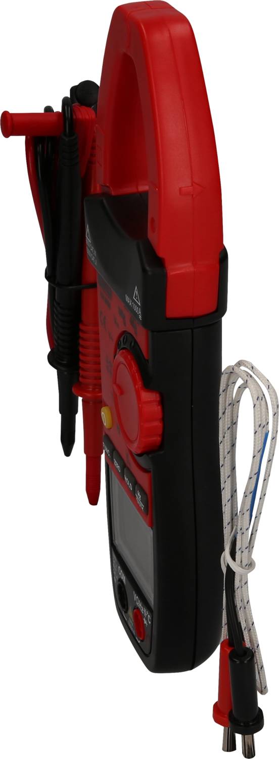 Cyfrowy multimetr widziany z boku, w kolorach czerwono-czarnym, z przewodami pomiarowymi i końcówkami pomiarowymi, służący do pomiaru wielkości elektrycznych.