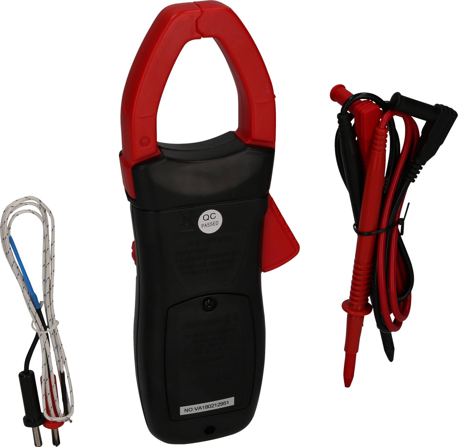 Cyfrowy miernik cęgowy, czarna obudowa, czerwone szczęki. Dołączone przewody pomiarowe do pomiarów elektrycznych.