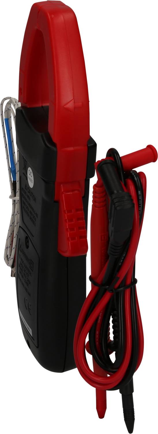 Czerwono-czarny cyfrowy multimetr cęgowy z przewodami pomiarowymi, przeznaczony do pomiarów elektrycznych, takich jak napięcie i natężenie prądu.