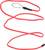 Czerwony kabel spiralny z metalową pętlą na jednym końcu, prawdopodobnie do zabezpieczania przedmiotów.