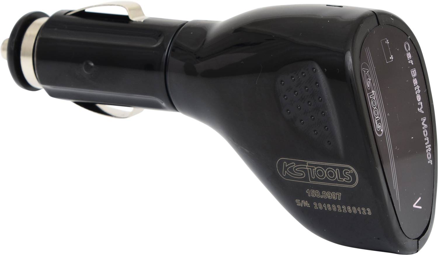 Czarny sprzęt do gniazda zapalniczki samochodowej z napisem 'KS TOOLS', który monitoruje napięcie akumulatora samochodowego.