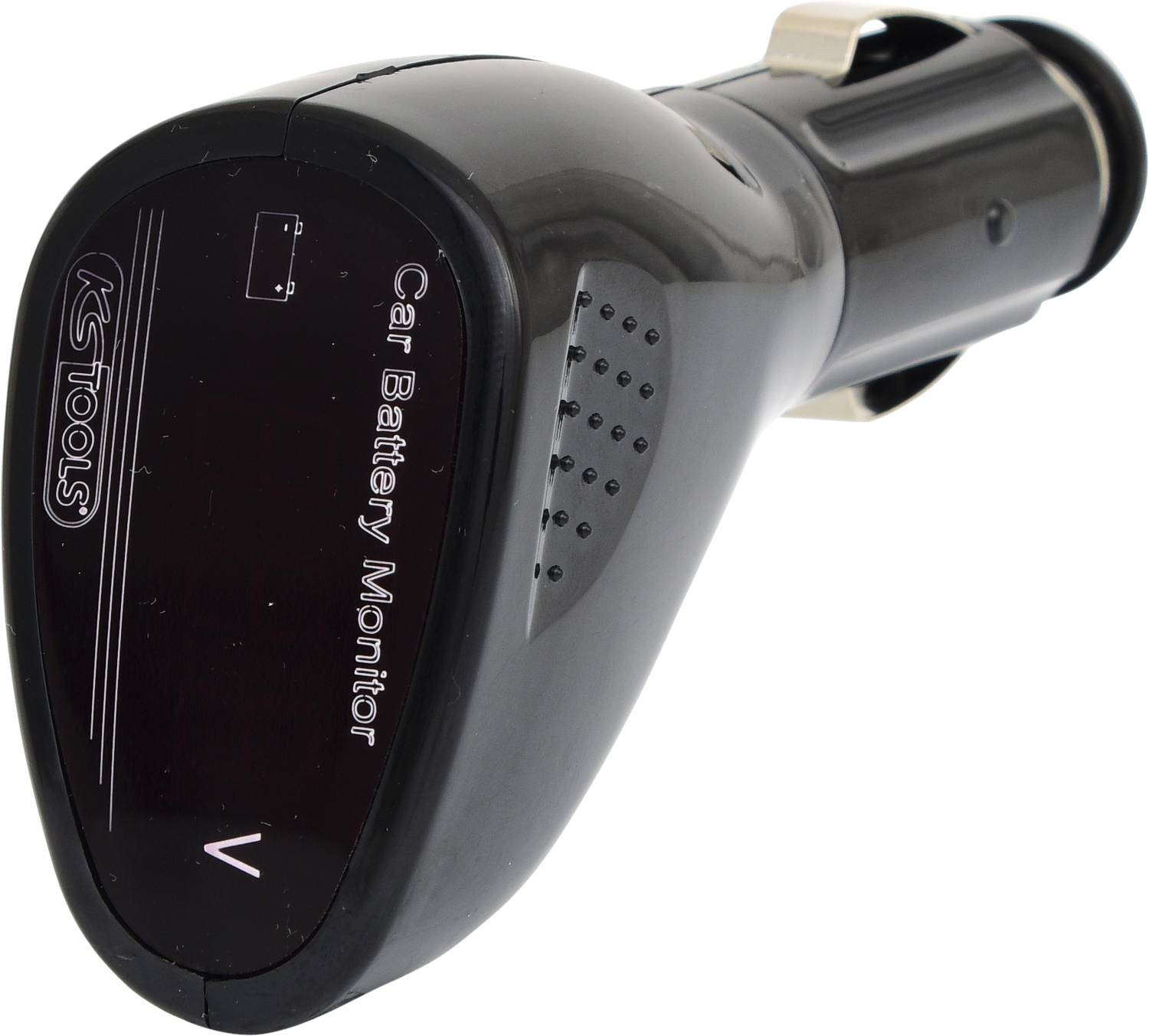 Czarny tester napięcia samochodowego z napisem 'Car Battery Monitor', wyświetlający stany napięcia przez gniazdo zapalniczki.