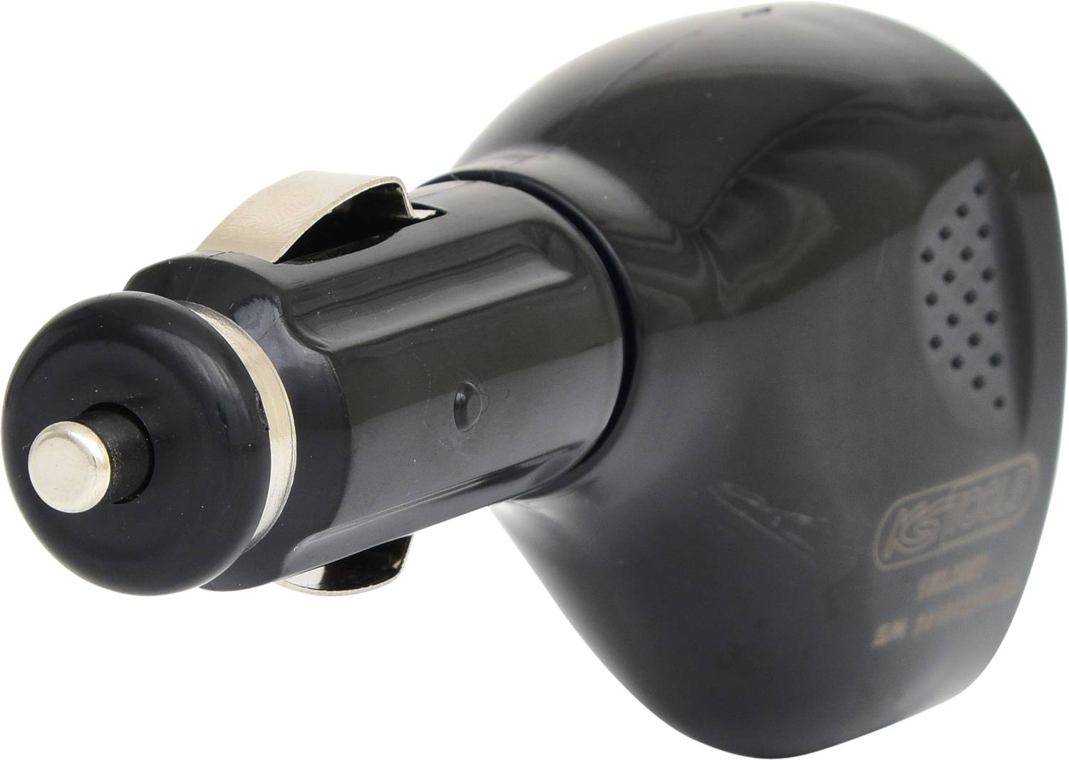 Czarna ładowarka samochodowa z srebrnymi elementami, przeznaczona do gniazda zapalniczki samochodowej do zasilania urządzeń mobilnych.