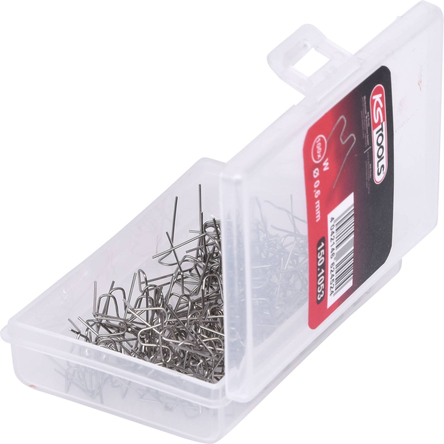 Otwarte plastikowe pudełko z kilkoma srebrnymi spinaczami metalowymi. Czerwona etykieta na pudełku prezentuje markę 'KS Tools'.