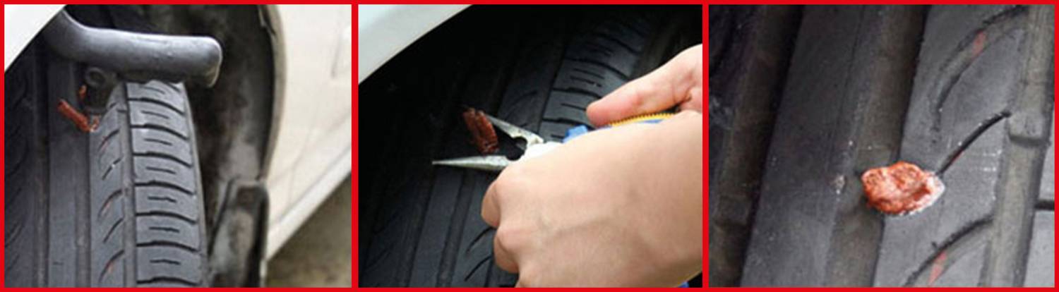 Naprawa przebitej opony: Uszkodzona opona samochodu jest naprawiana przy użyciu narzędzi. Kawałek gumy jest wprowadzany do otworu i mocowany.