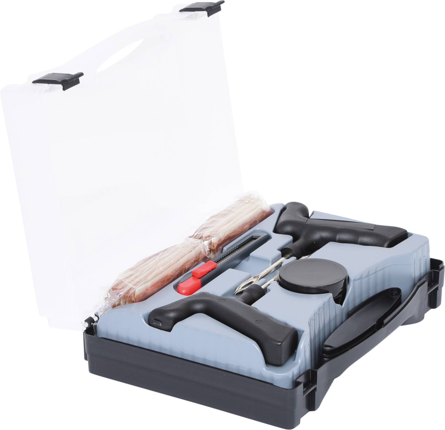 Zestaw narzędzi z różnymi narzędziami: dwa uchwyty, haki, pędzel i ostrze. Idealny do napraw i projektów domowych.