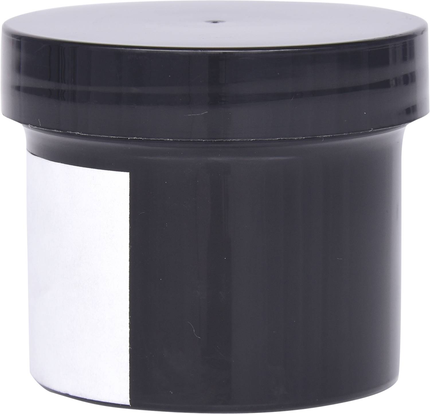 Czarny, cylindryczny pojemnik plastikowy z nakrętką. Bez widocznych oznaczeń lub napisów na powierzchni zewnętrznej.