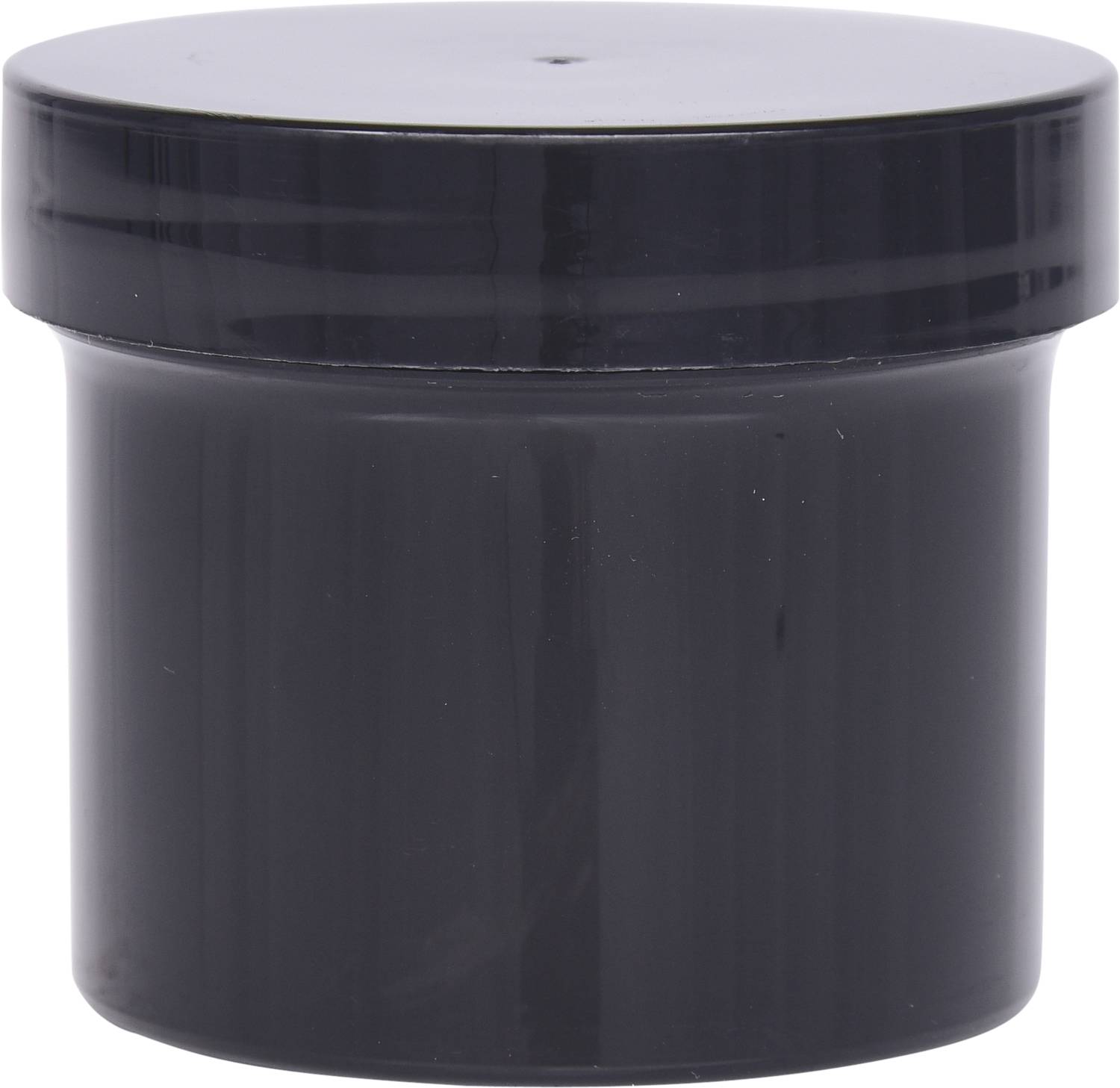 Czarny, okrągły plastikowy pojemnik z zakręcanym wieczkiem, typowo stosowany do kosmetyków lub kremów.