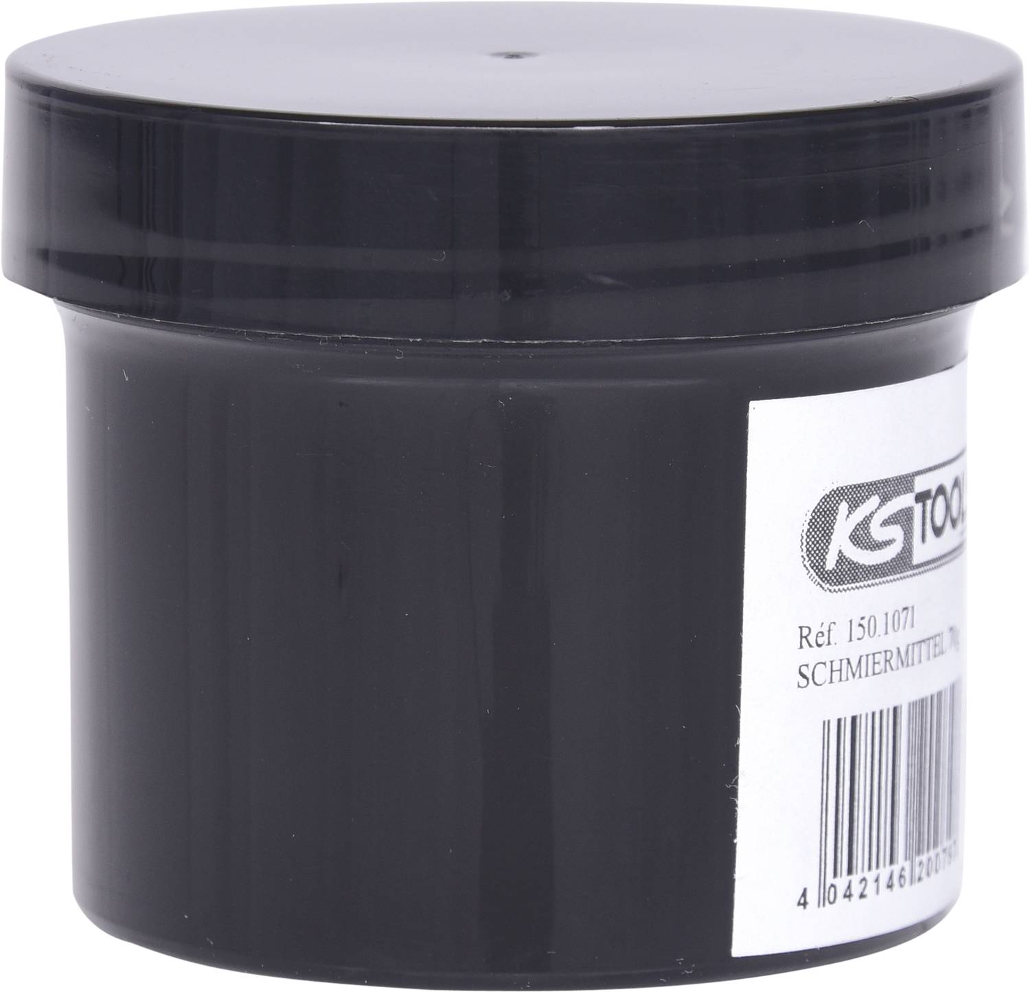 Czarna puszka z pokrywką, zawiera smar, etykieta z kodem kreskowym i numerem referencyjnym '150.1071', marka nieczytelna.