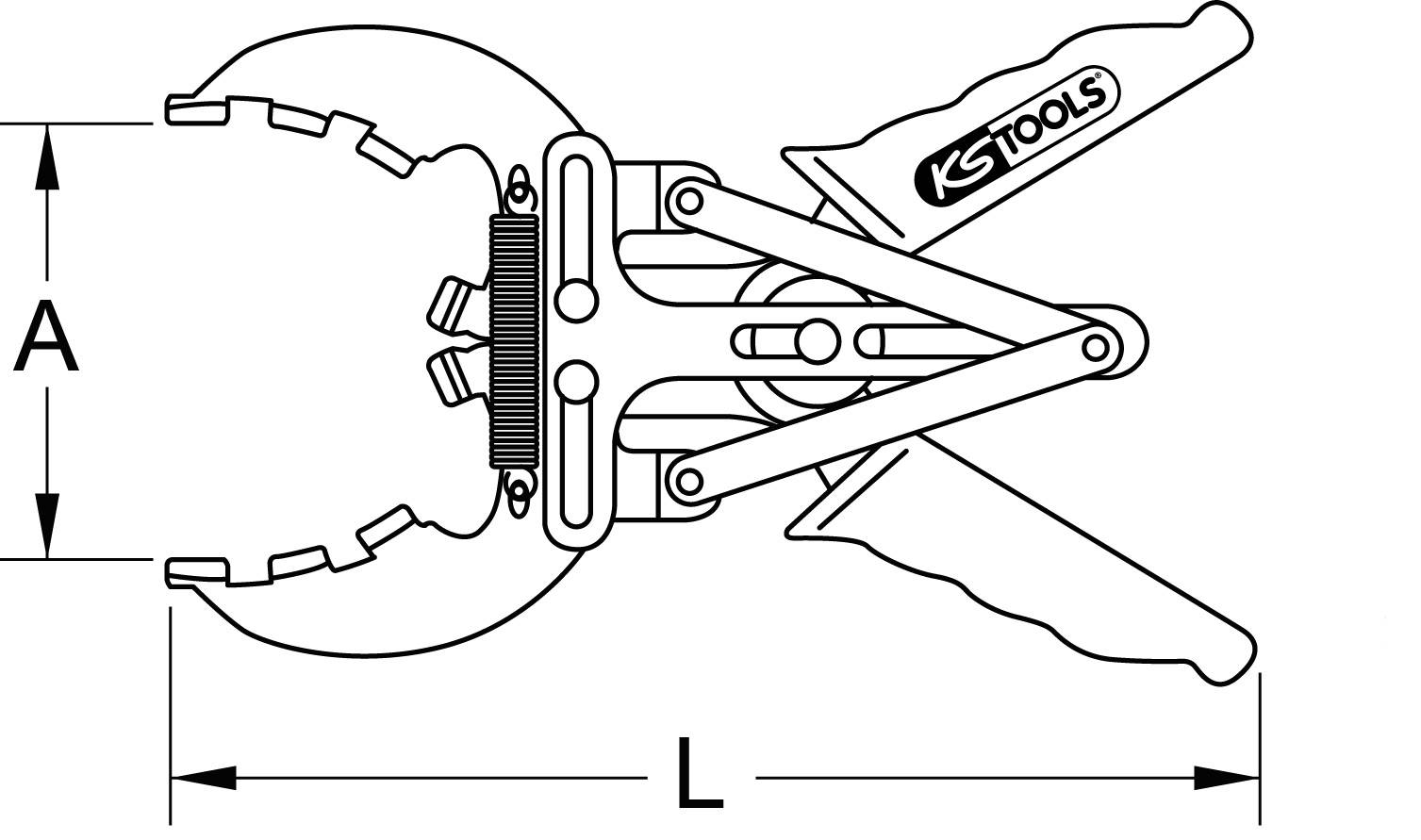Ilustracja narzędzia zaciskowego firmy 'KS Tools'. Przedstawia system mocujący z uchwytami oraz wymiarami A i L, które są istotne podczas użytkowania.