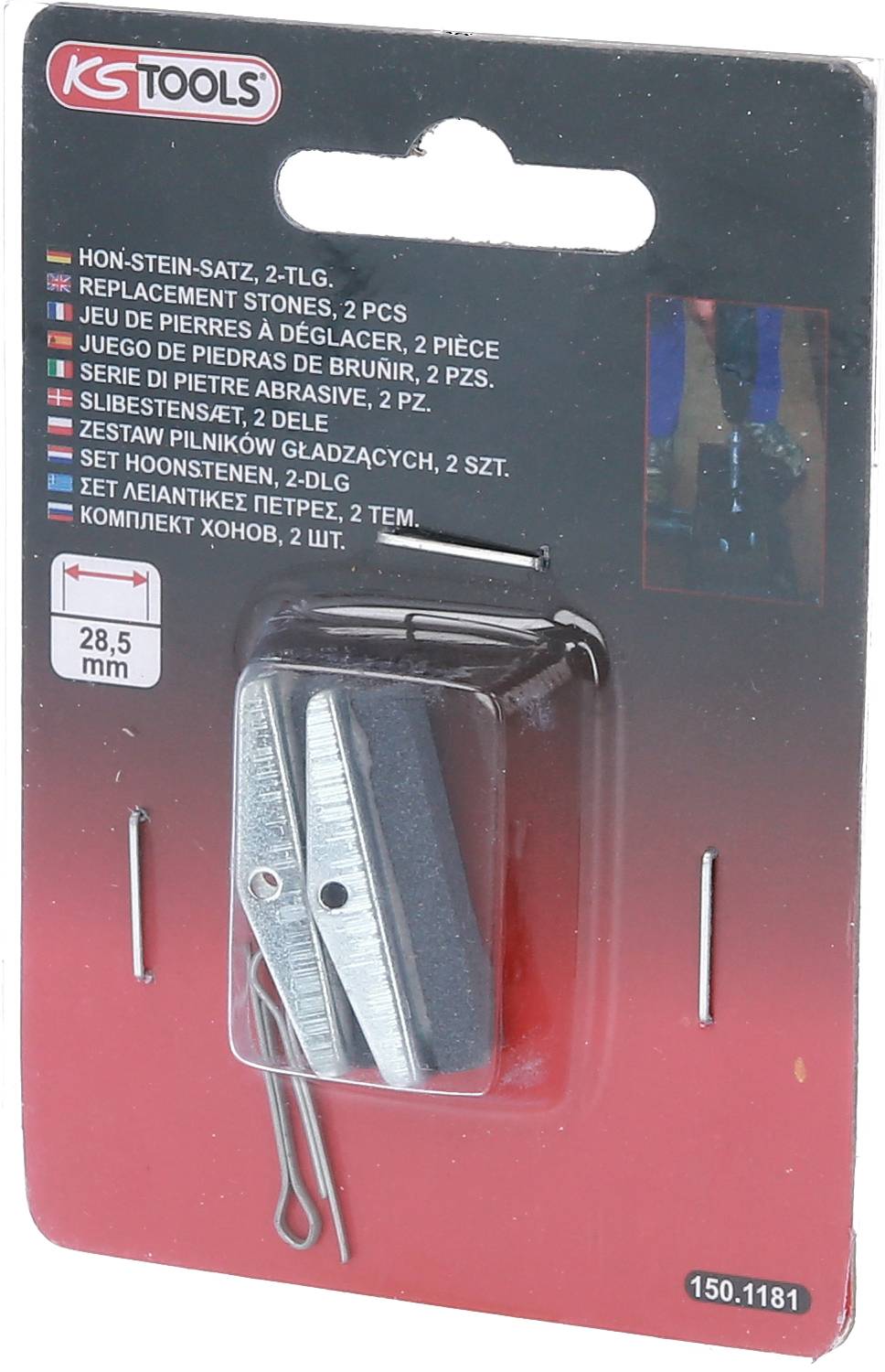 Opakowanie KS Tools zawiera zestaw kamieni do gładzenia, 2-częściowy, do prac szlifierskich, składający się z dwóch szarych kamieni szlifierskich i metalowych klamer.