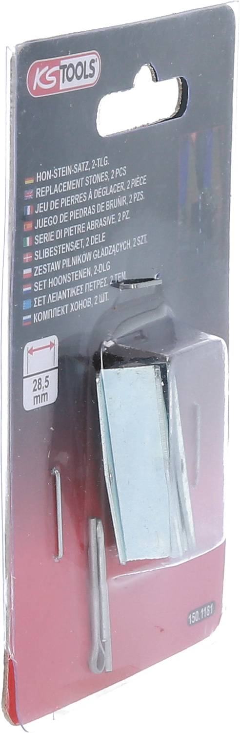 Zestaw kamieni zapasowych KS Tools, 2-częściowy, w opakowaniu blisterowym. Pokazuje metalowe części zamienne na szarym tle z czerwonym logo u góry.