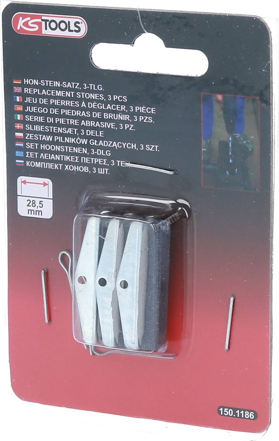 'Zestaw kamieni ostrzących KS Tools Hon-Stein-Satz, 3-częściowy, kamienie wymienne. Zawiera zestaw 3 kamieni o rozmiarze 28,5 mm.'