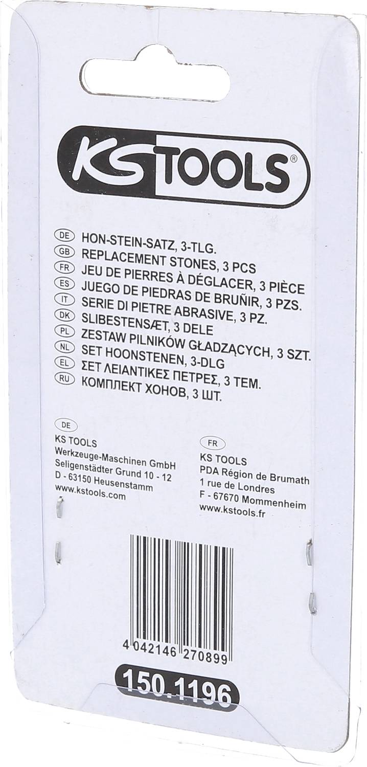 Tylna strona opakowania zestawu kluczy nasadowych 'HON-STEIN-SATZ, 3-TLG.' firmy KS Tools, przedstawiająca nazwę produktu w kilku językach, adres producenta oraz stronę internetową.